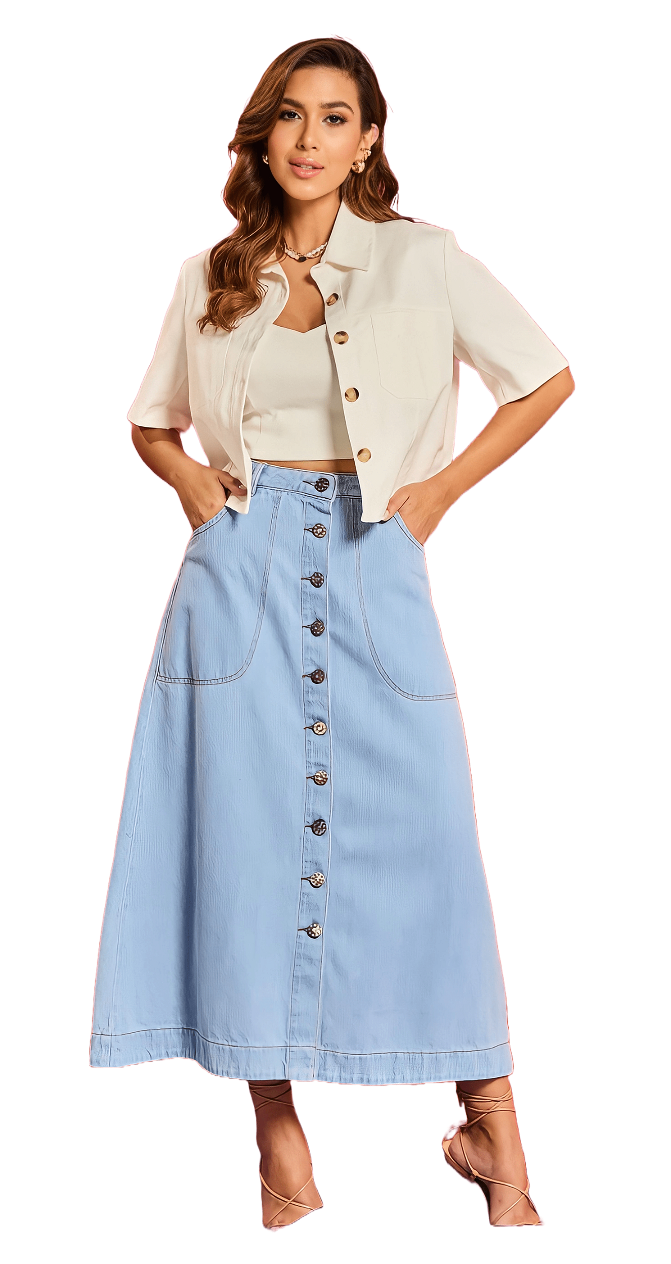 Minimalismo Chic: Cores Neutras e Saia Jeans Midi - inspiração 1