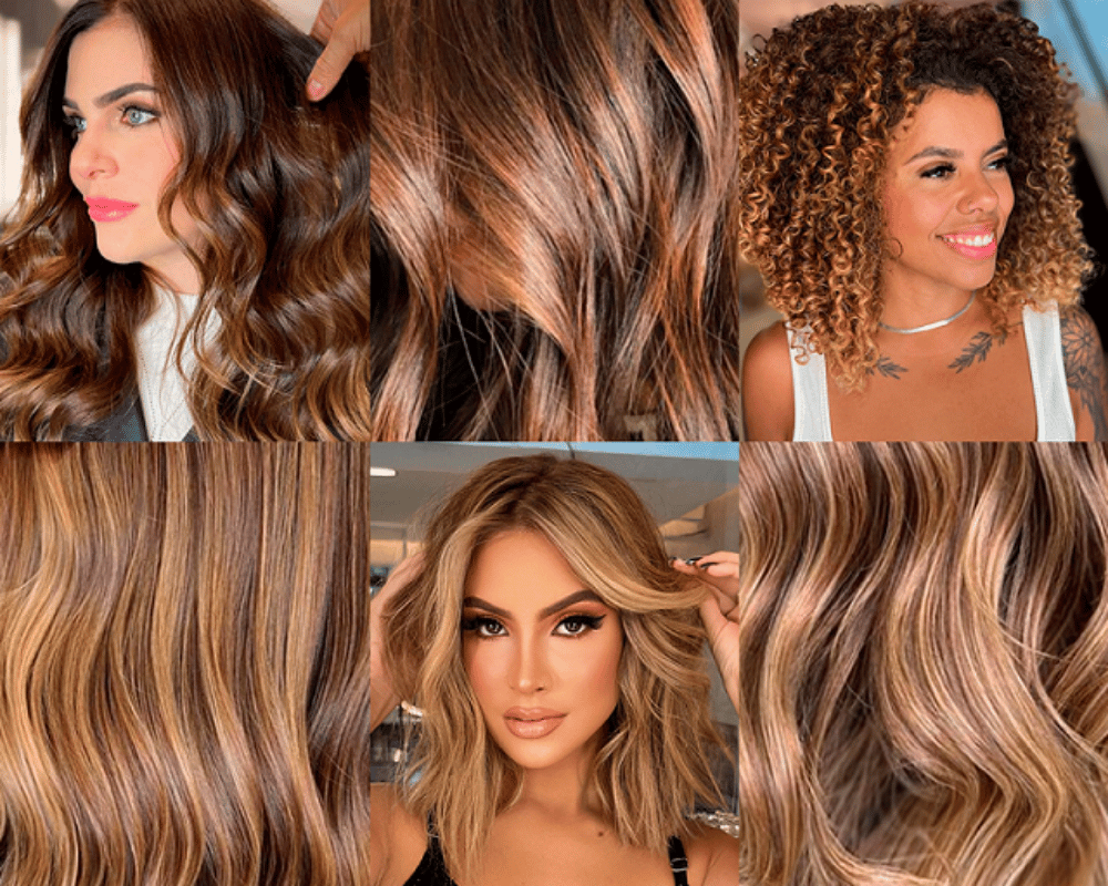 ideias morena iluminada cobre cabelo liso fotos