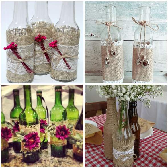 artesanato com garrafas de vidro e juta