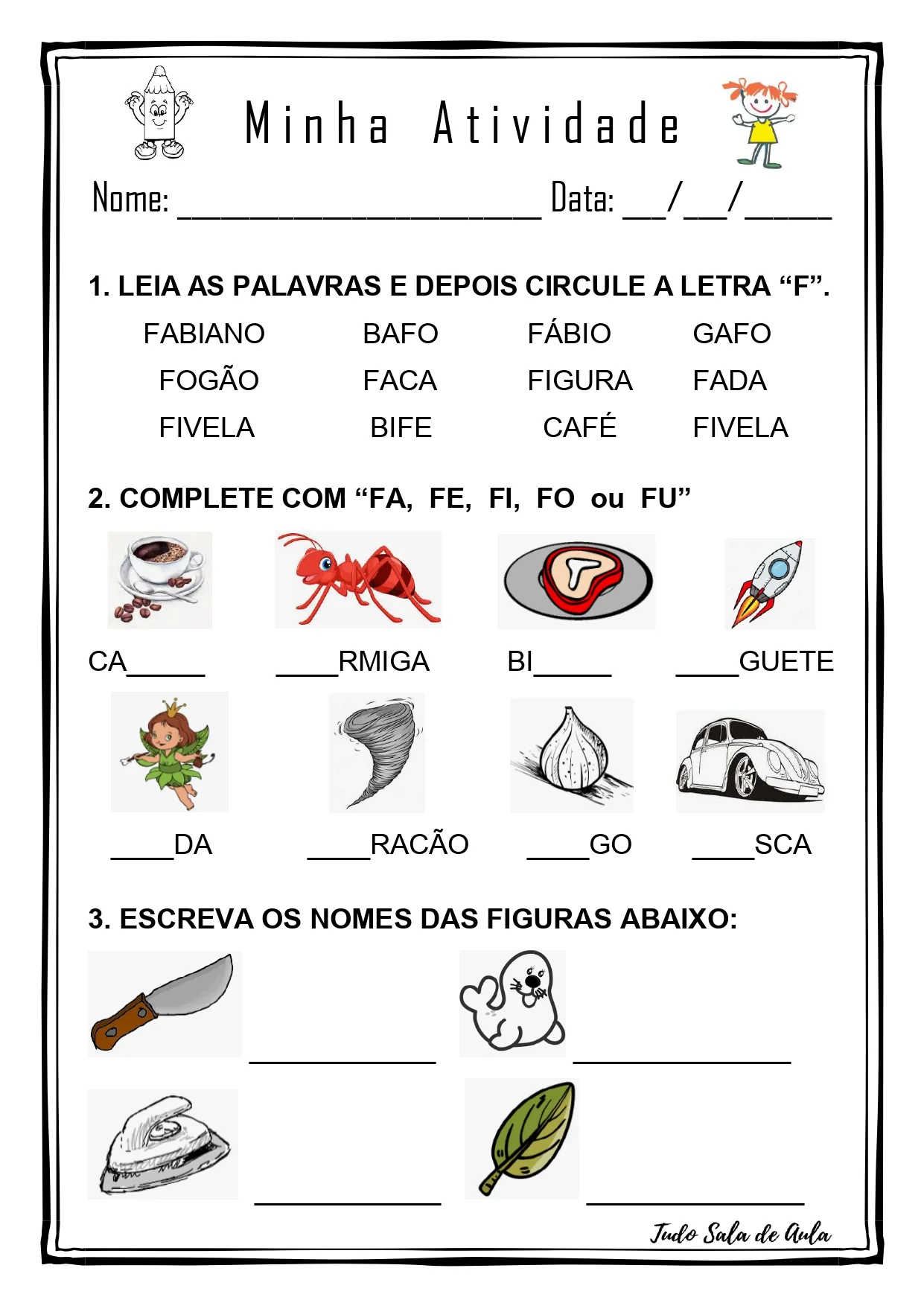 custo de materiais para atividades com a letra f