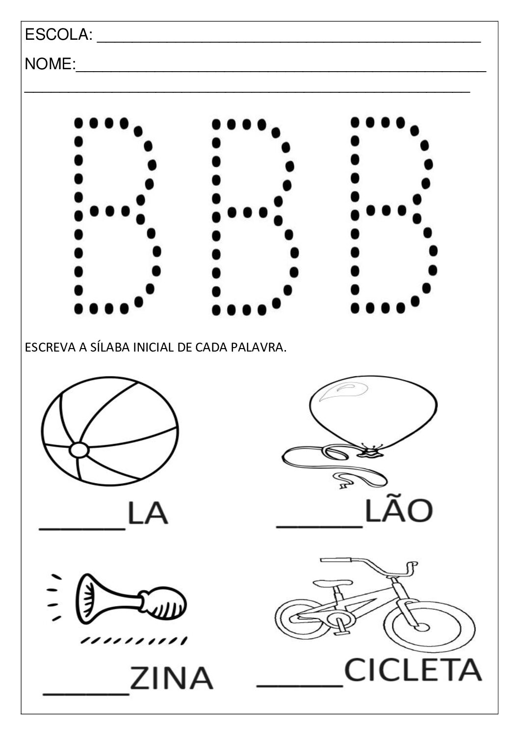 custo de materiais para atividades com a letra b para 5 anos