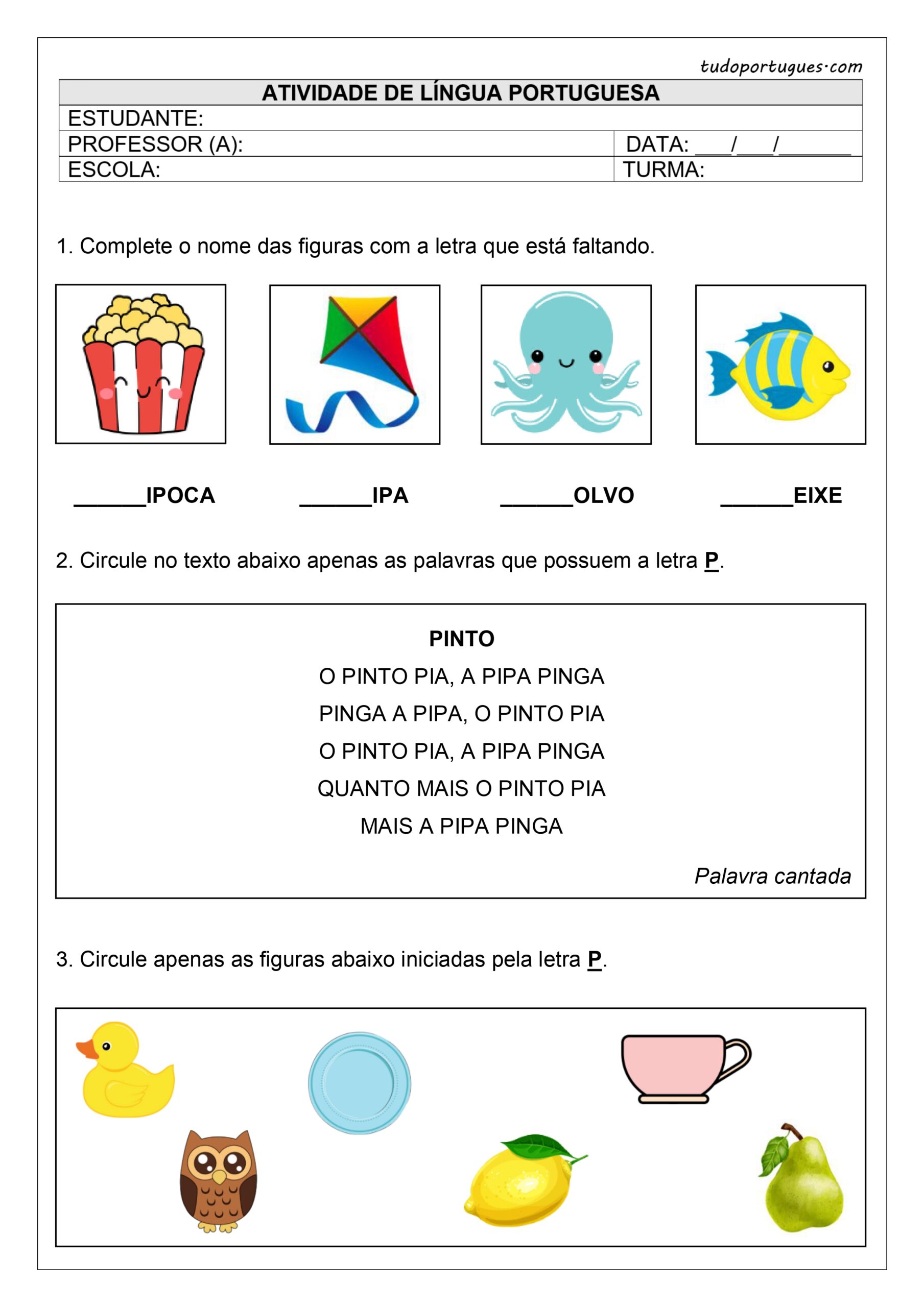 atividades divertidas com a letra p para crianças