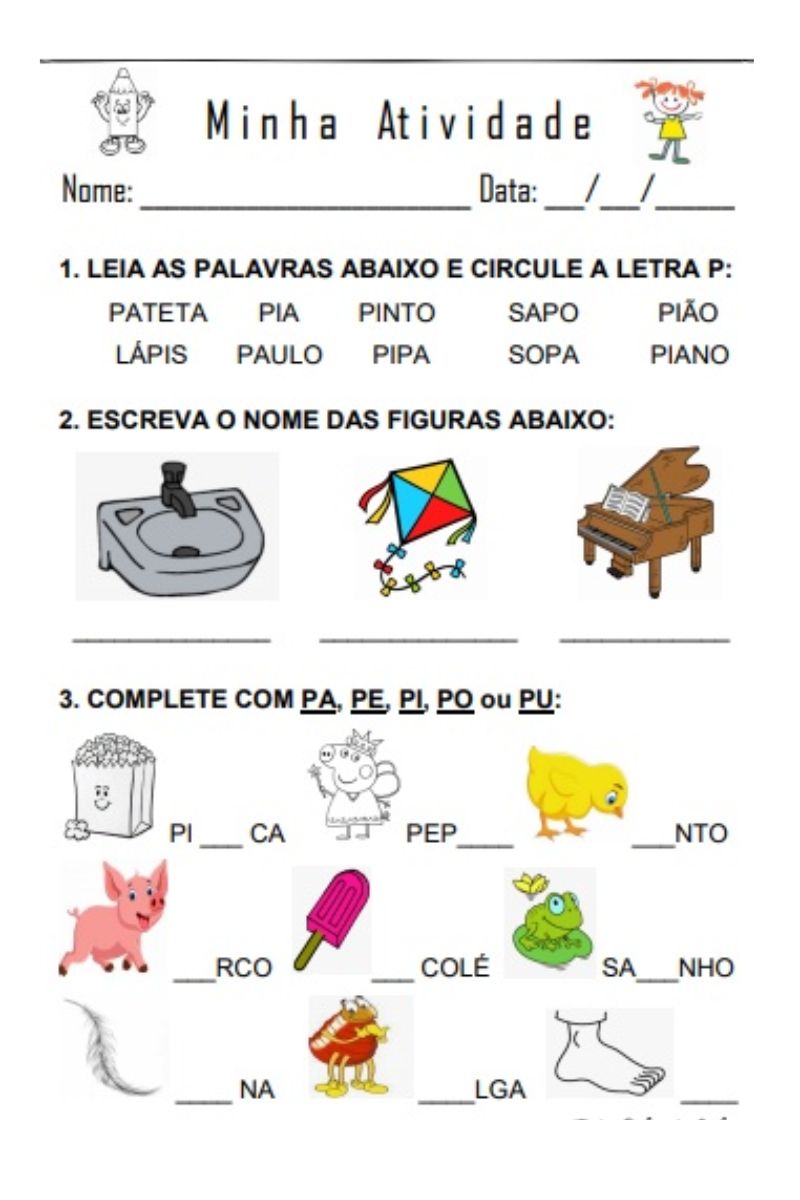 custo de materiais para atividades com a letra p
