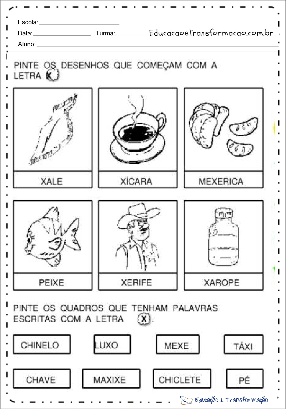 custo de materiais para atividades com a letra x