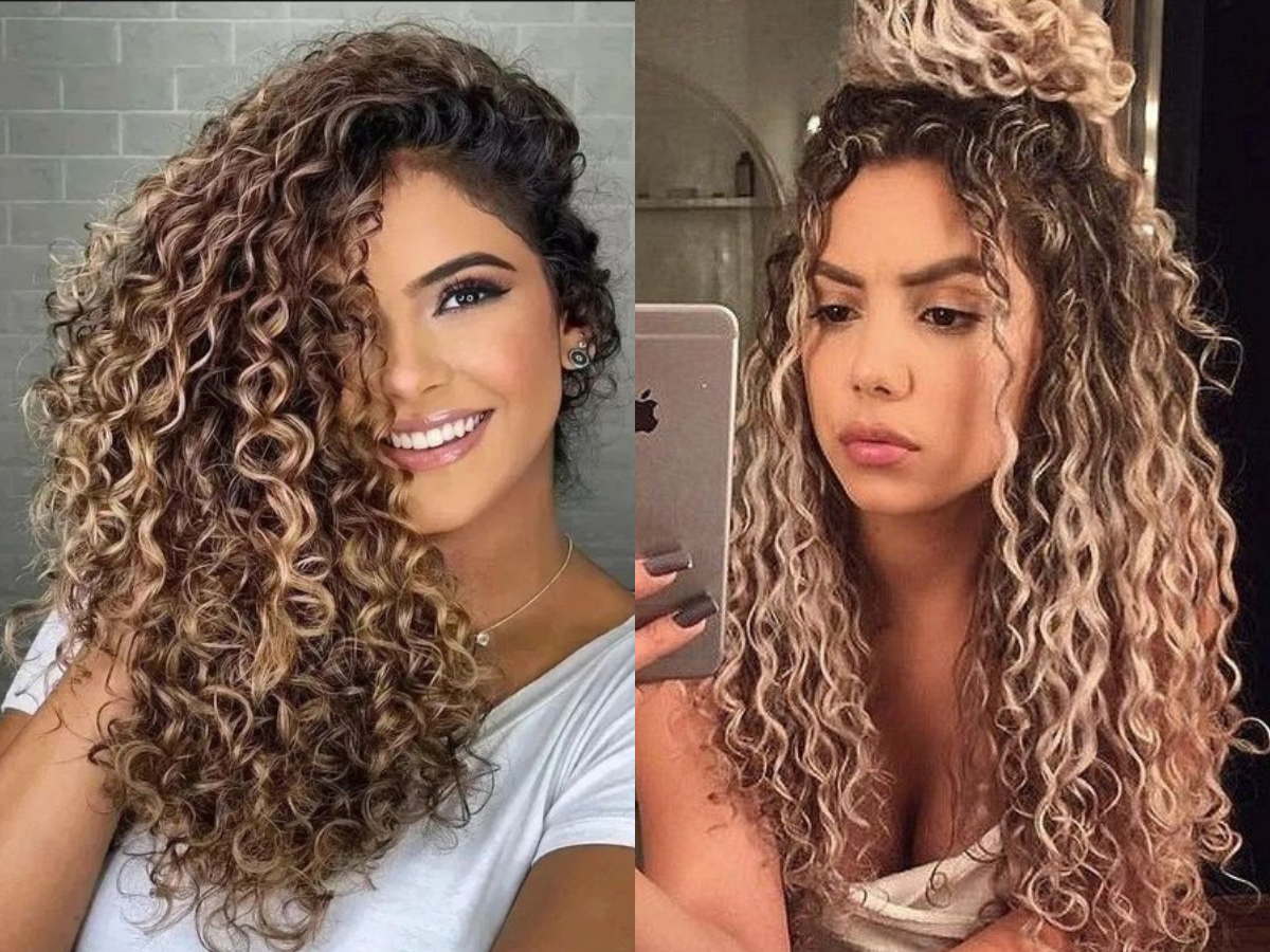luzes platinadas em cabelo cacheado vs. cabelo liso