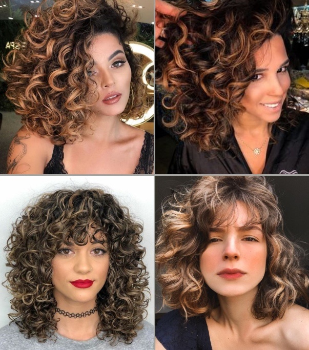 luzes mel ou douradas cabelo cacheado curto