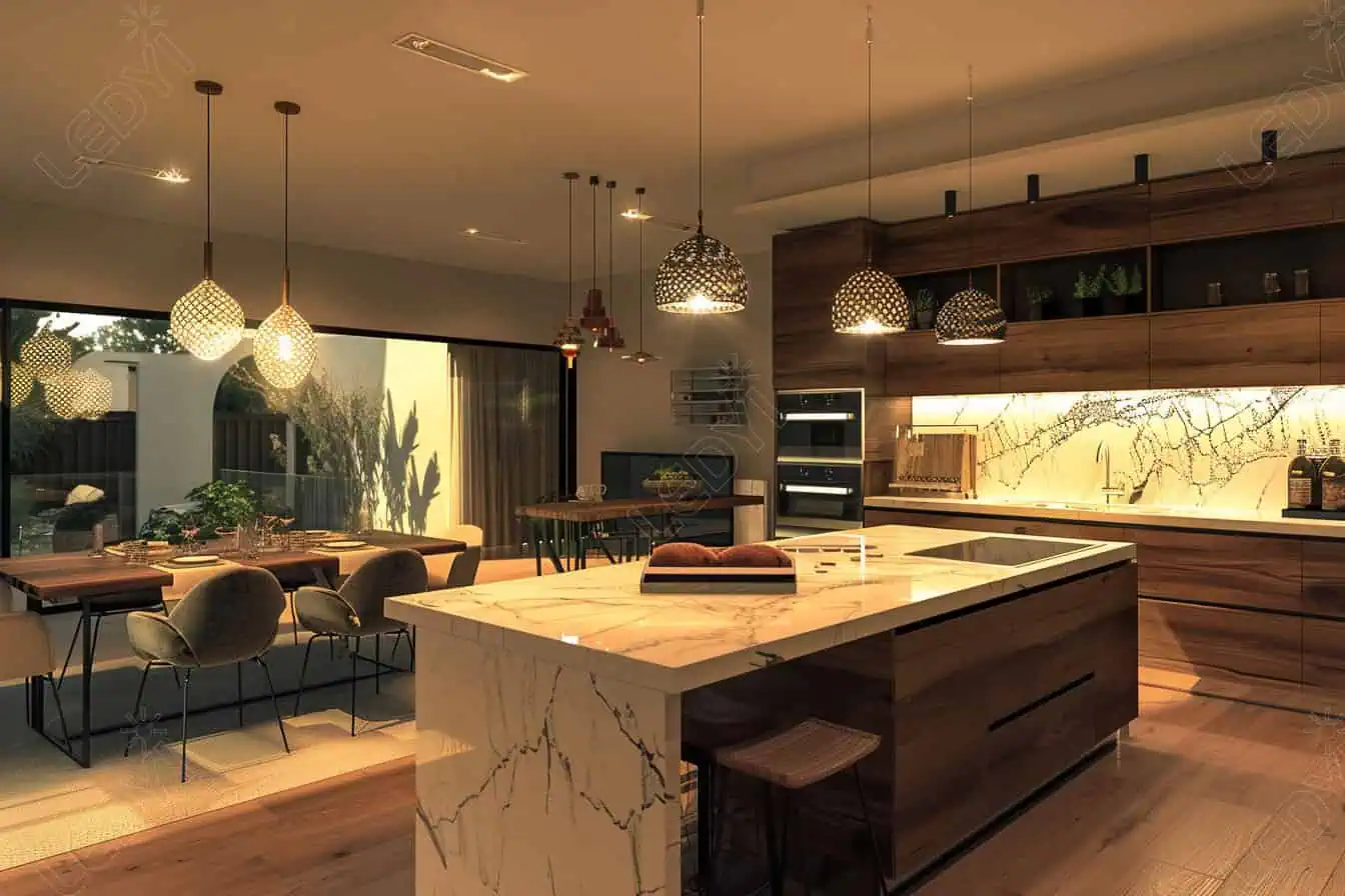 5 ideias de títulos: 1. Iluminação de Cozinha Americana: Guia Completo para Valorizar seu Espaço. 2. Pendentes e Spots: Como Escolher a Iluminação Perfeita para sua Bancada. 3. Temperatura de Cor na Cozinha: Branca Neutra vs. Amarela para Cada Ambiente. 4. Iluminação LED na Cozinha: Eficiência e Estilo para sua Casa. 5. Cozinha Integrada: Dicas de Iluminação para Criar Ambientes Harmoniosos.