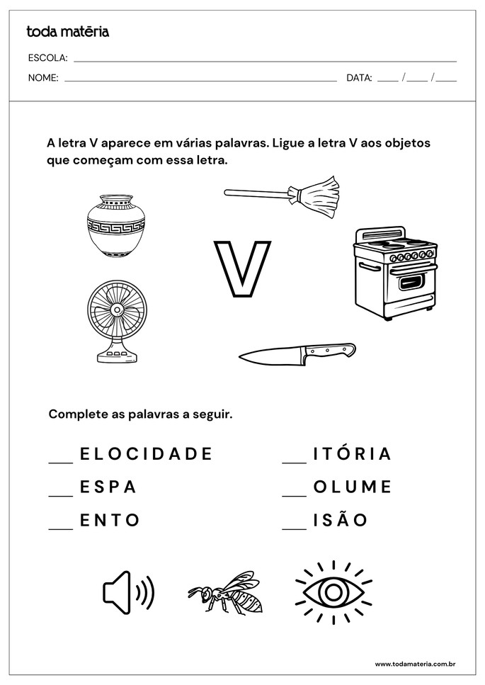 material escolar com a letra v