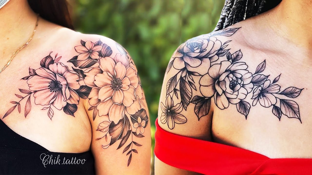 tatuagem fineline vs aquarela no ombro feminino