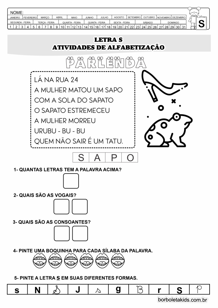 textos curtos com a letra s para imprimir